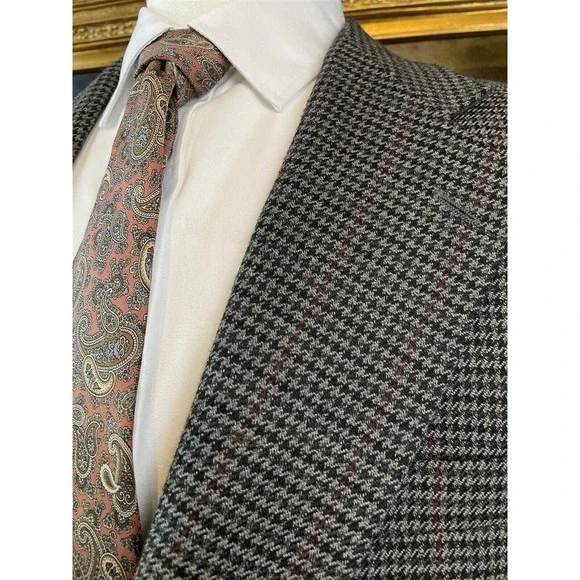 VTG Stafford 44S‎ Gray Houndstooth Check Wool Blend Tweed 2 Roll 1 Sport Coat